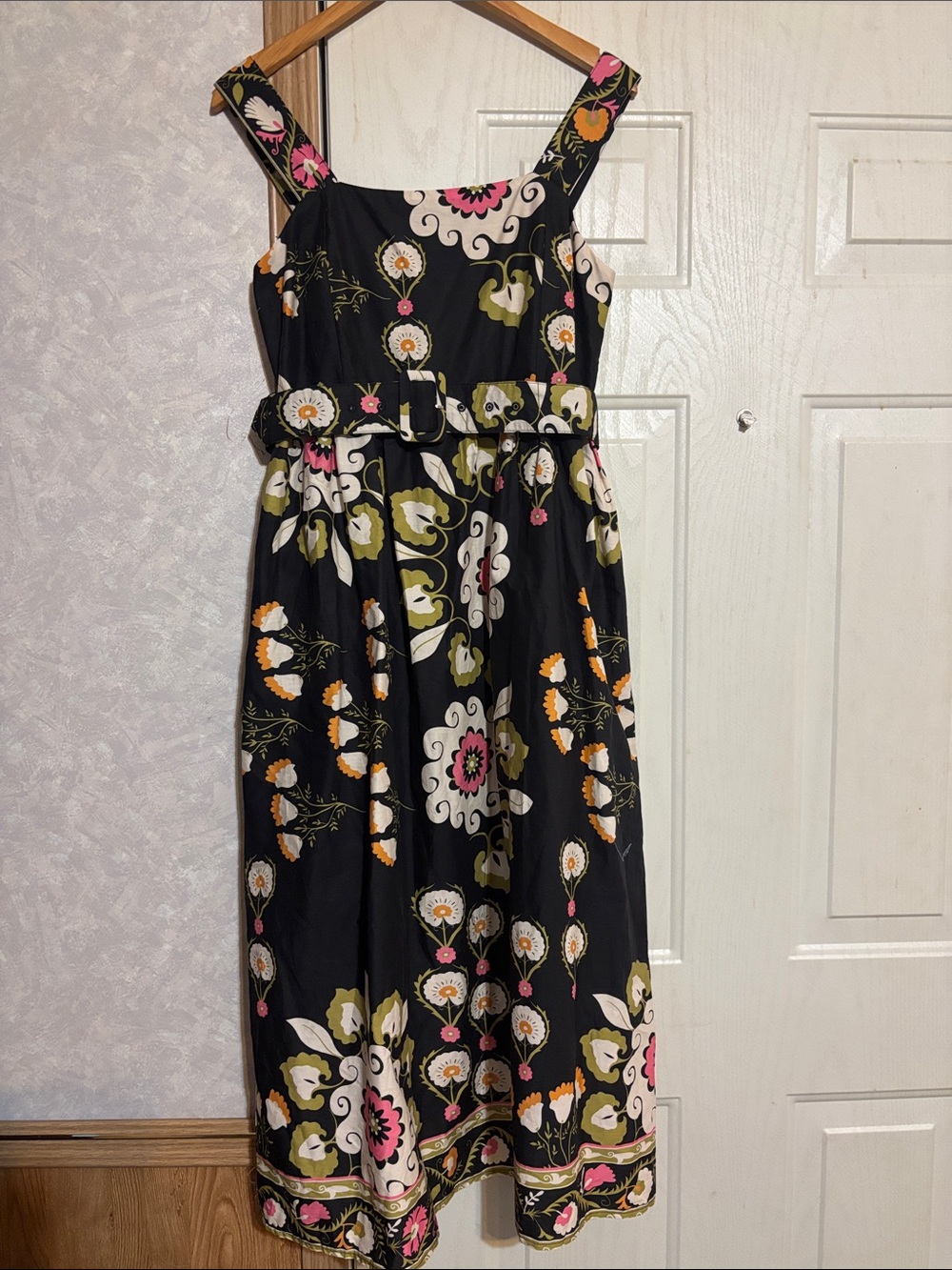 Ellison Spring Wedding Black Floral Midi Dress with Pink, Green & Orange Accents